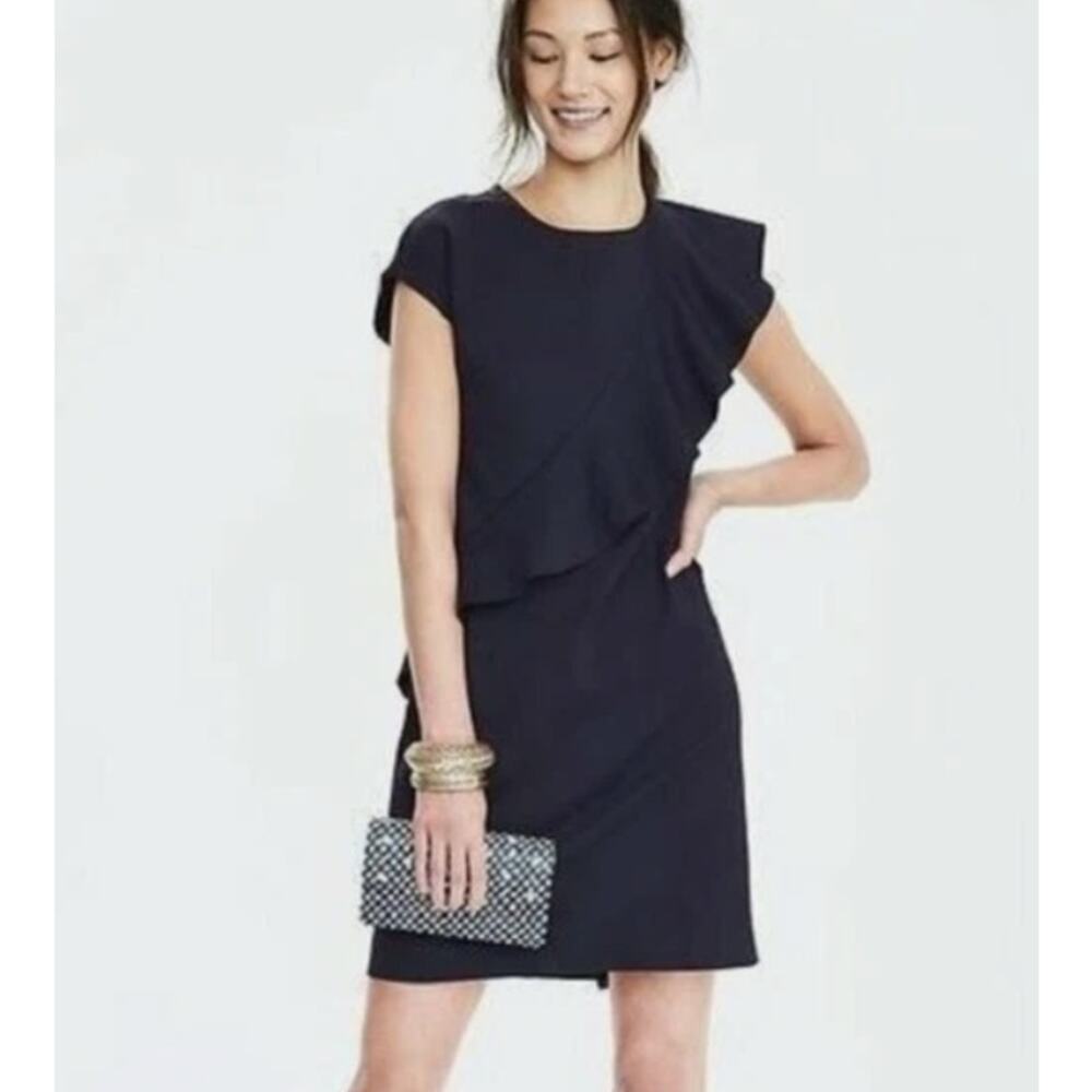 Banana Republic Women's Size 8 Navy Blue Asymmetrical Ruffle Sheath Dress